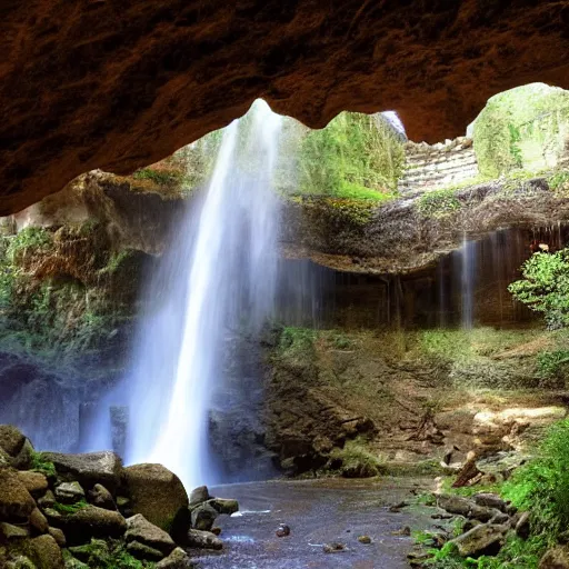 Prompt: ancient ruins and waterfalls in the interior of a cave