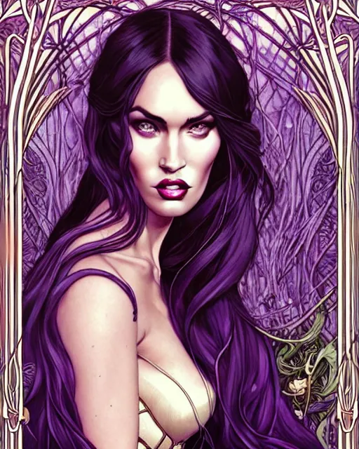 Image similar to new art nouveau closeup portrait of fantasy succubus megan fox wearing a royal dress in an evil forest, anna dittmann, moebius, wlop, artgerm, patrick nagle, charlie bowater and loish. long windblown hair, ultrasharp focus, dramatic lighting, barbwire vine arches, photorealistic digital matte painting, intricate, dark souls