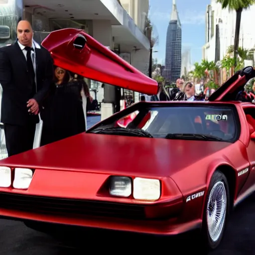 Image similar to red carpet photos of Vin Diesel dressed as Jessica Rabbit in front of a DeLorean