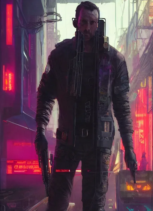 Prompt: Don Knotts. Cyberpunk assassin in tactical gear. blade runner 2049 concept painting. Epic painting by Craig Mullins and Alphonso Mucha. ArtstationHQ. painting with Vivid color. (rb6s, Cyberpunk 2077, matrix)
