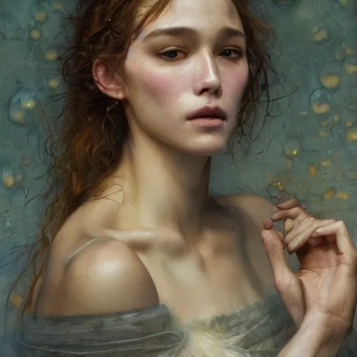 Image similar to epic masterpiece full body portrait a woman crying, beautiful face and flawless skin, perfect hands by Edgar Maxence and Ross Tran and Michael Whelan