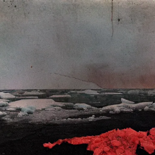 Prompt: colored vintage horrific photo of an ice floe meeting magma in the middle, textured, skewed perspective, last photo ever taken, apocalyptic event