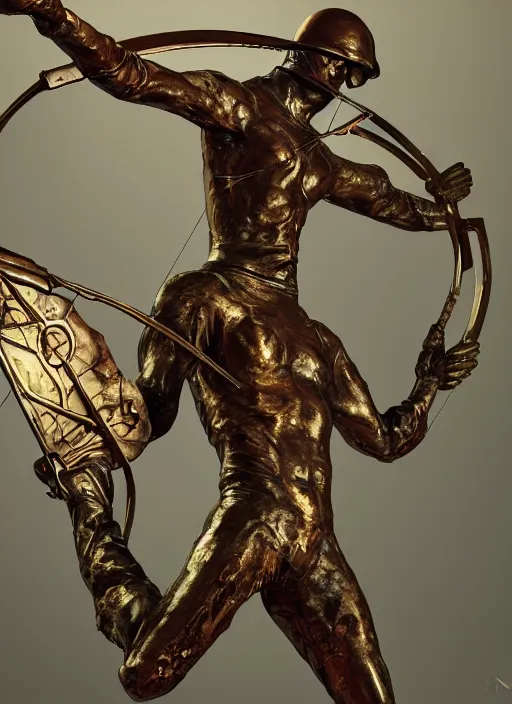 Image similar to An epic fantastic realism comic book style painting of a distressed bronze archery sculpture from the future by Stanislaw Szukalski, gilded colorful marbled paper background, winged archer, perfect shiny iridescent silver spheres, fisheye lens, unreal 5, DAZ, hyperrealistic, octane render, dynamic lighting