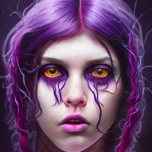 Image similar to detailed photo portrait of a furious teen girl with thin, hair-like purple tentacles on her head and bright purple eyes, 8k,by tristan eaton, Stanley Artgermm,Tom Bagshaw,Greg Rutkowski,Carne Griffiths,trending on DeviantArt, face enhance,hyper detailed ,full of colour, dramatic lightning