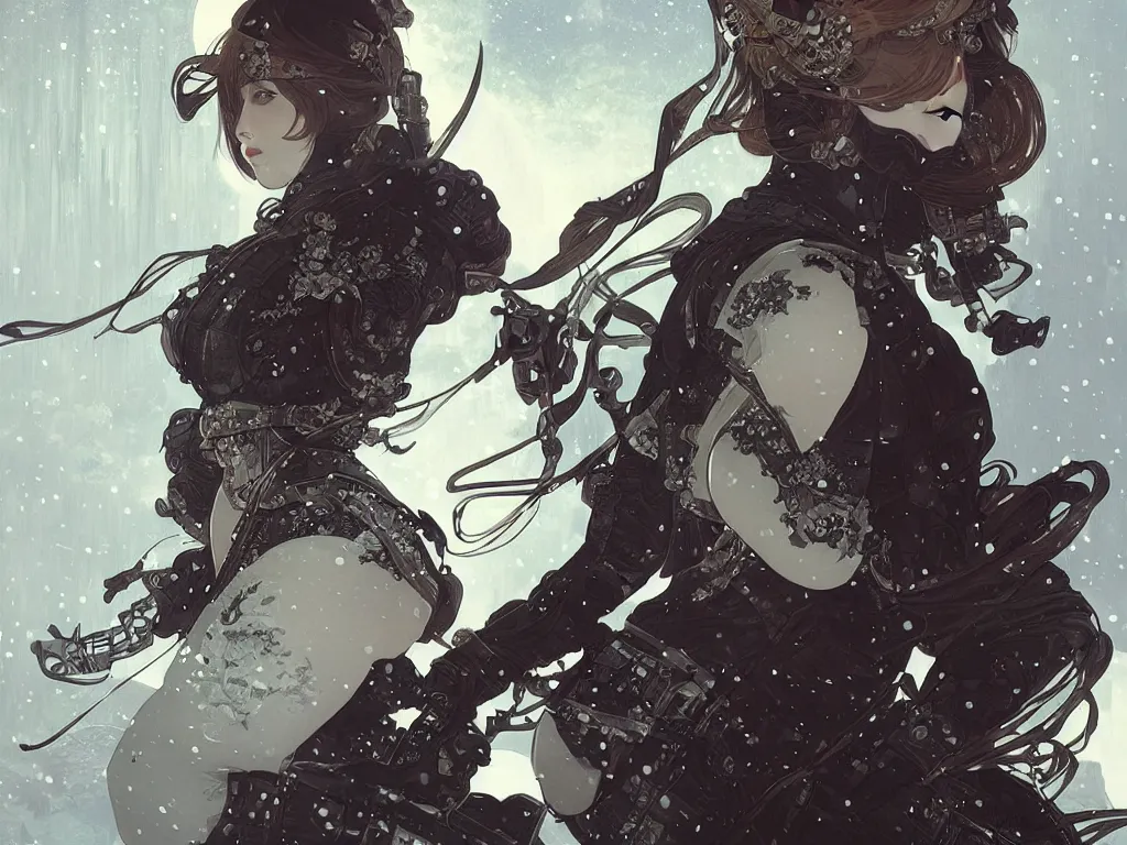 Image similar to portrait ninja gaiden girl, armored dieselpunk wardrobe, at snowy fuji mountain moonlight, ssci - fi and fantasy, intricate and very beautiful and elegant, highly detailed, digital painting, artstation, concept art, smooth and sharp focus, illustration, ( ( art by tian zi and wlop and alphonse mucha ) )