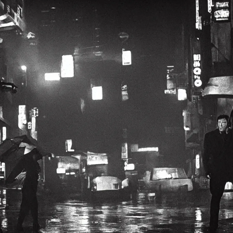 Image similar to duel, clint eastwood vs takeshi kitano in blade runner 1982 by Ridley Scott posing on a neon rainy vague street in headlights, movie shot, detailed, by Sergio Leone