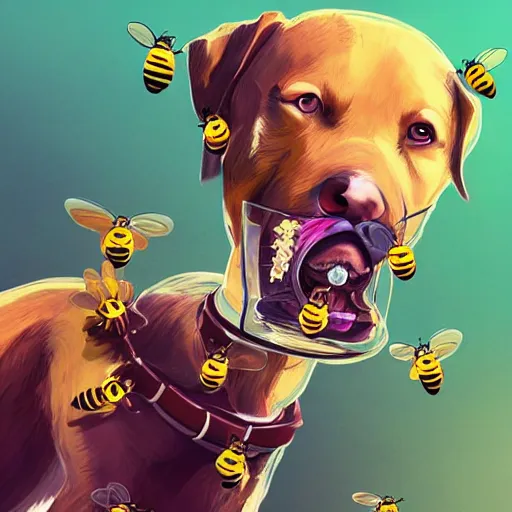 Prompt: the dogs with bees in their mouth and when they bark, they shoot bees at you, artstation