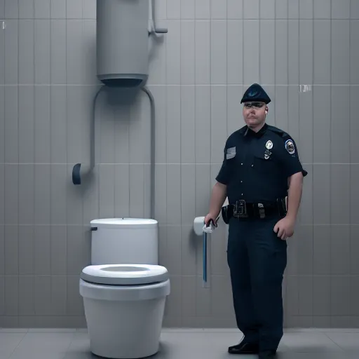 Image similar to a police officer with a plunger, giant toilet in background, giatn toilet, 8 k, cineamtic render by beeple, octane render, photorealistic