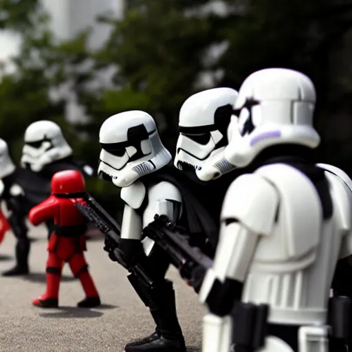 Image similar to A bunch of little Darth Vaders attacking a Star Wars stormtrooper, realism, depth of field, focus on darth vader,