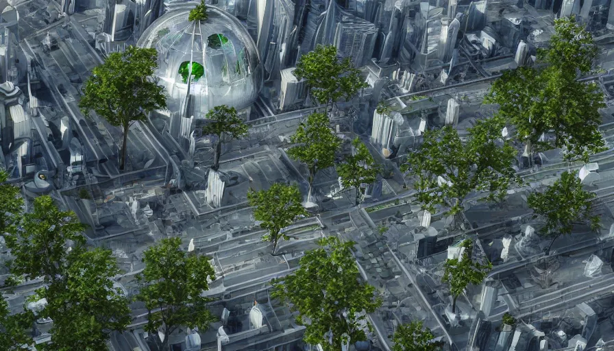 Prompt: futuristic berlin with glass buildings, white glass domes, reichstag building, green alley with trees, highways, crowded city, hyperdetailed, artstation, cgsociety, 8 k