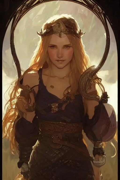 Prompt: female viking, art by artgerm and greg rutkowski and alphonse mucha, d & d, fantasy, portrait, highly detailed, headshot, digital painting, trending on artstation, concept art, sharp focus, illustration