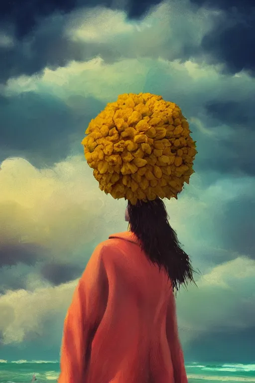 Image similar to closeup, giant flower head, a girl on beach, surreal photography, wind and cold, dramatic sky, impressionist painting, digital painting, artstation, simon stalenhag
