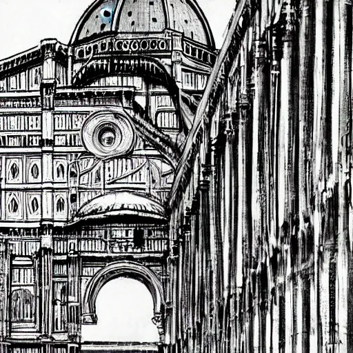 Prompt: sci - fi piazza del duomo, florence, wires, by tsutomu nihei