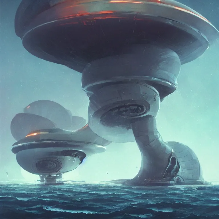 Image similar to mechanical nautilus spaceship dripping wet emerging from a the ocean blast off, sci - fi concept art, by john harris, by simon stalenhag, stunning, award winning