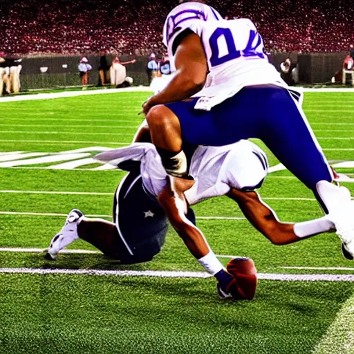 Prompt: American football player running over another football player,