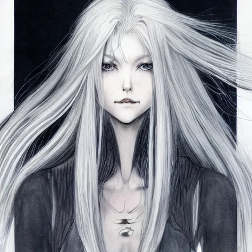 Prompt: a drawing of a woman with long white hair, a character portrait by yoshitaka amano, featured on pixiv, fantasy art, official art, androgynous, anime