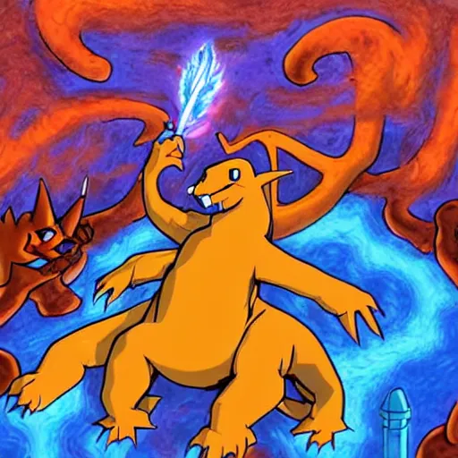 Prompt: charizard observes the space - time continuum on heroic dose of psilocybin in various realities