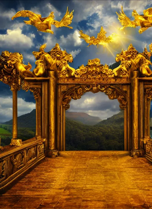 Image similar to Fine Art photo landscape, gates of heaven, golden kingdom, Flying angels, photorealism, 8k