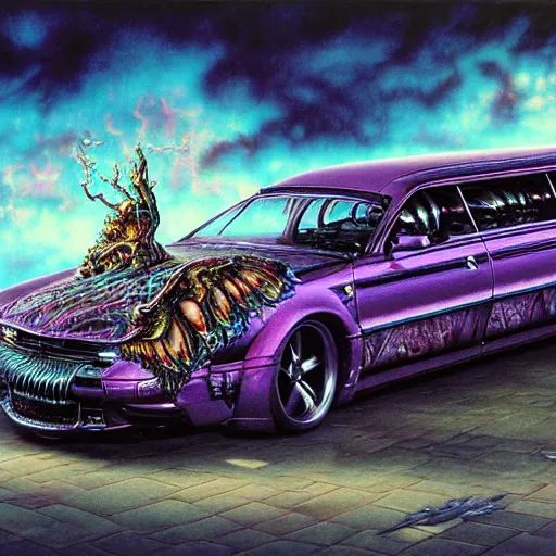 Prompt: realistic detailed image of a Drag Racing Nightmare Hearse with Custom Rims and Iridescent Paint Job Metallic Chrome Pipes Big Engine by Ayami Kojima, Amano, Karol Bak, Greg Hildebrandt, and Mark Brooks, Neo-Gothic, gothic, rich deep colors. Beksinski painting, part by Adrian Ghenie and Gerhard Richter. art by Takato Yamamoto. masterpiece