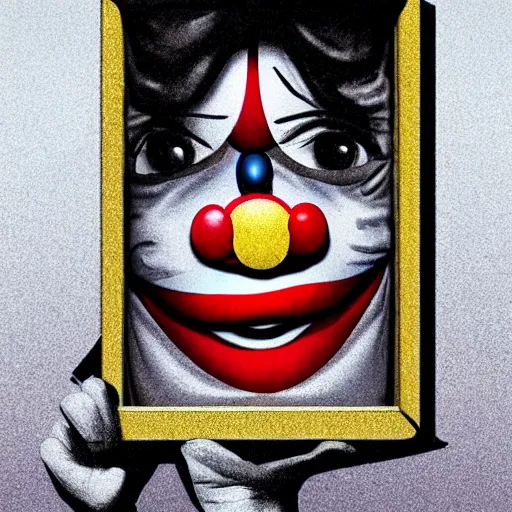 Image similar to police interrogation of a clown peeking out from a small magical trick box