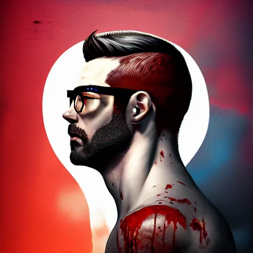 Prompt: a portrait of a man :: side profile :: blood and ocean intricate details :: glasses :: octane render :: 8k :: by MARVEL comics and Sandra Chevrier