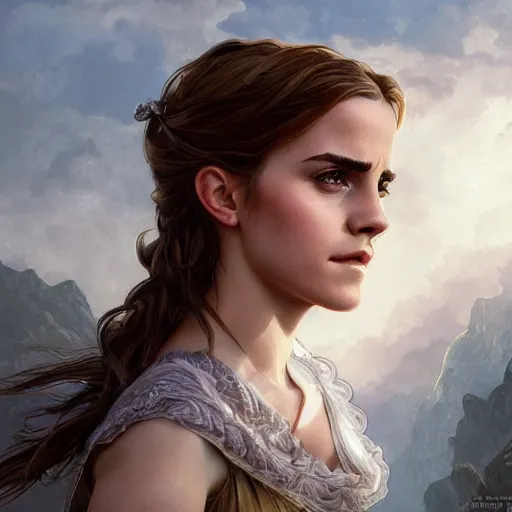 Image similar to ultra realistic illustration, emma watson on a horse, intricate, elegant, highly detailed, digital painting, artstation, concept art, smooth, sharp focus, illustration, art by artgerm and greg rutkowski and alphonse mucha