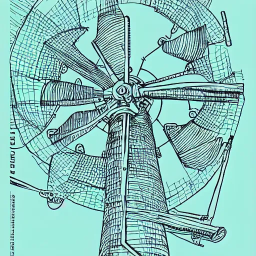 Prompt: Simplistic comic illustration of a wind turbine blueprint, black ball pen on white paper, by Josan Gonzalez and Geof Darrow