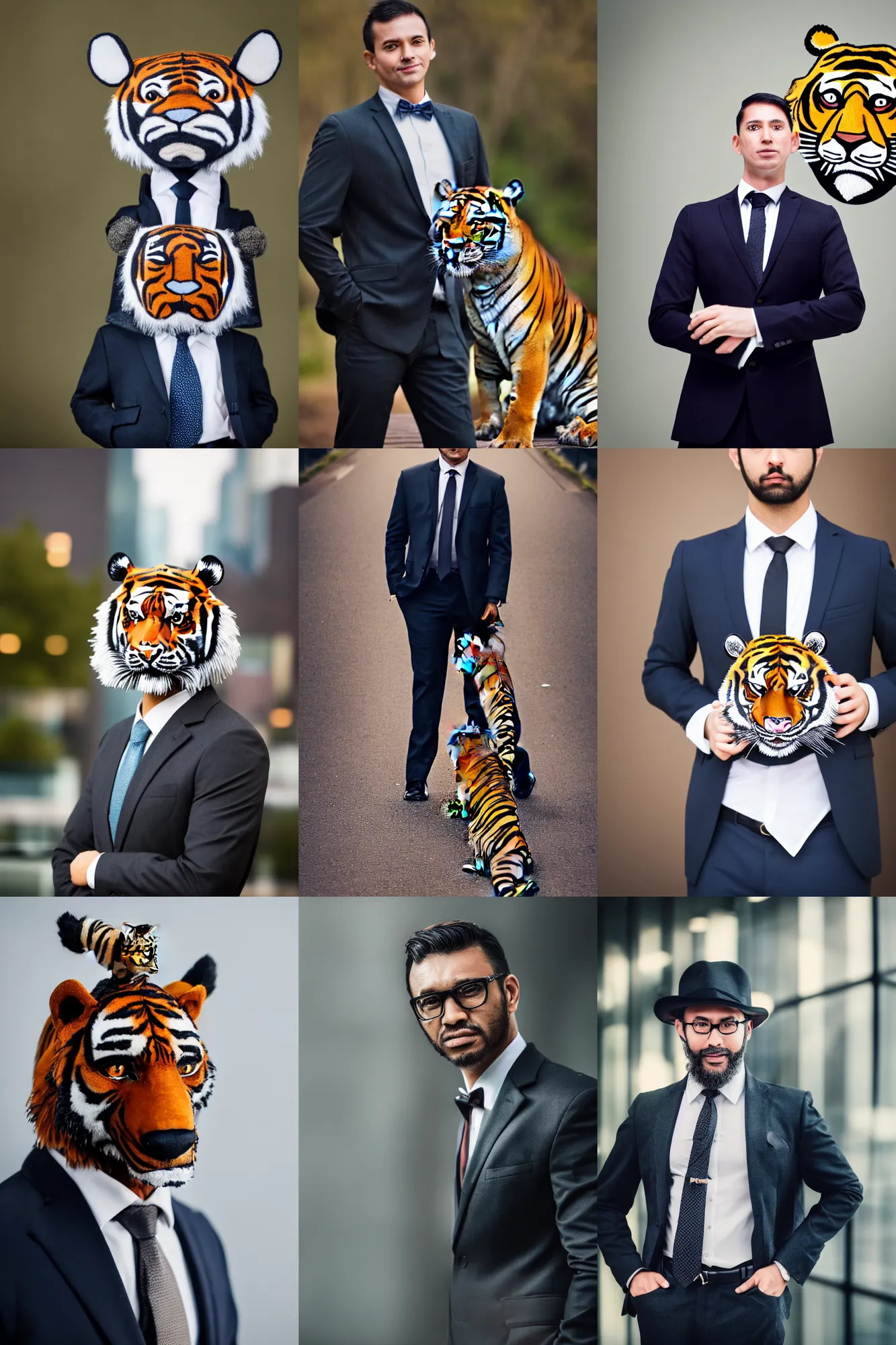 Prompt: high quality portrait photo of an businessman tiger dressed in a dark suit and tie, Anthropomorphic, photography 4k, f1.8 bokeh, 4k, 85mm lens, sharp eyes