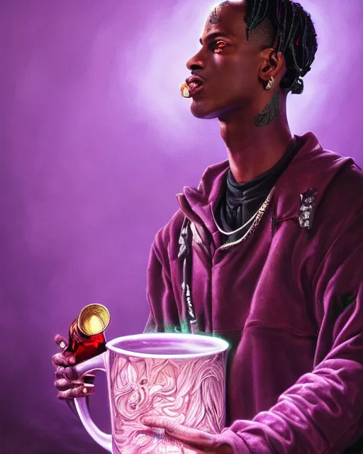 Prompt: travis scott holding cup of codeine, accurate details, detailed face, purple liquid in cup glowing, fantasy, dramatic, intricate, elegant, highly detailed, digital painting, artstation, concept art, smooth, sharp focus, illustration, art by Gustave Dore, octane render