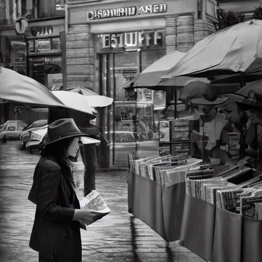 Prompt: a woman wearing a fedora, buying a newspaper from a stand in the city in the rain, ultra realistic trending on ArtStation Unreal Engine