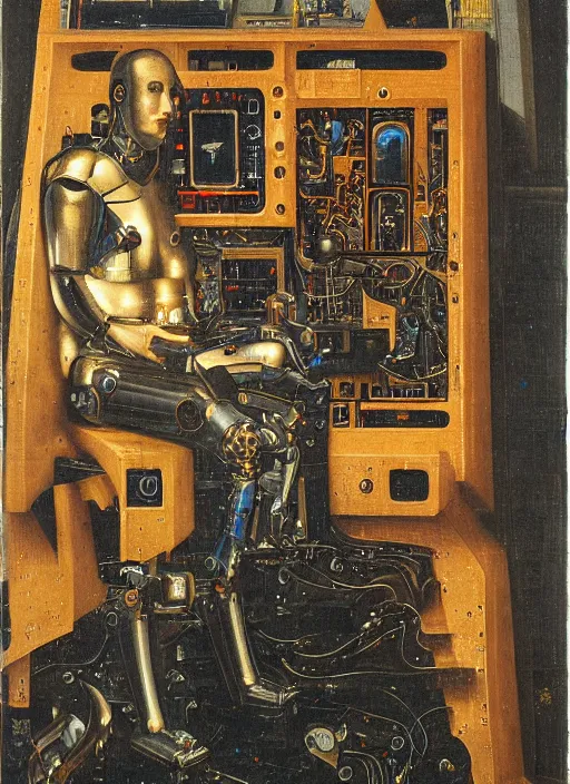 Image similar to a portrait of a cyborg jacked into their cyberdeck by Jan van Eyck