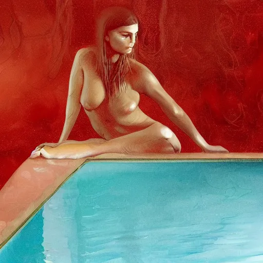 Image similar to Emily Ratajkowski full body laying in a blood red pool of water between a golden mirror frame, outside is space and inside the mirror frame is a beautiful landscape. physically accurate, dynamic lighting, intricate, elegant, highly detailed, digital painting, artstation, HR GIGER, Hieronymus Bosch, Francis Bacon, concept art, smooth, sharp focus, illustration, Hyperrealistic surreal 4K IMAX Rene Margritte intricate, elegant, highly detailed, digital painting, artstation, concept art, smooth, sharp focus, illustration, art by artgerm and greg rutkowski and alphonse mucha