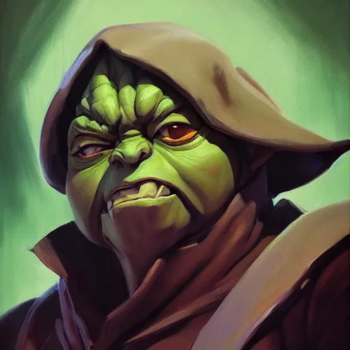 Image similar to greg manchess portrait painting of evil yoda as overwatch character, medium shot, asymmetrical, profile picture, organic painting, sunny day, matte painting, bold shapes, hard edges, street art, trending on artstation, by huang guangjian and gil elvgren and sachin teng