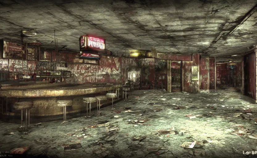 Prompt: nature photography of the rundown ruins of a 5 0 s bar in a tacky casino in fallout new vegas by lori nix, hdr, unreal engine, silent hill, found footage