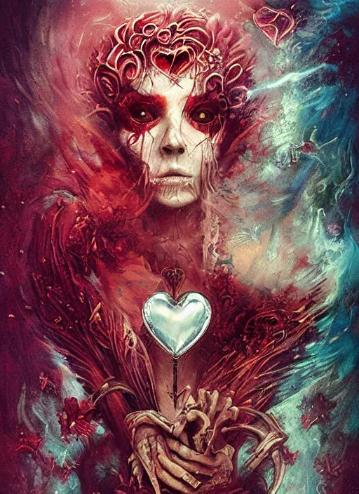 Image similar to the knave of hearts, death tarot card, highly detailed, cinematic, 8 k, by megan duncanson, benjamin lacombe, adrian borda, stanley artgermm, tom bagshaw, craig mullins, carne griffiths, ayami kojima, beksinski, giger, trending on deviantart, hyper detailed, horror, full of colour