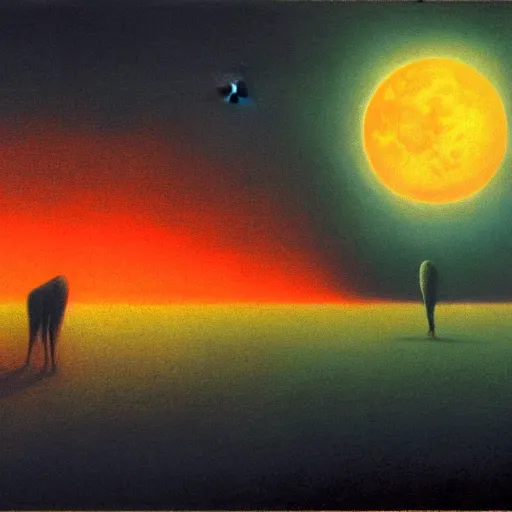 Prompt: the moon on fire by lisa frank inspired by zdzislaw beksinski