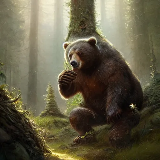 Prompt: a bear druid, Justin Gerard and Greg Rutkowski, realistic painting, Digital art, very detailed, High definition, trending on Artstation