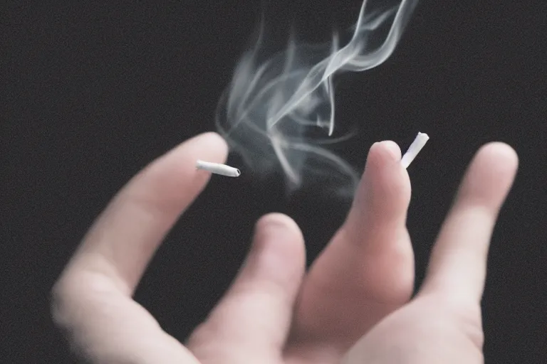 Image similar to A photo of thin soft hand holding cigarette with smoke, hyper realistic, black background