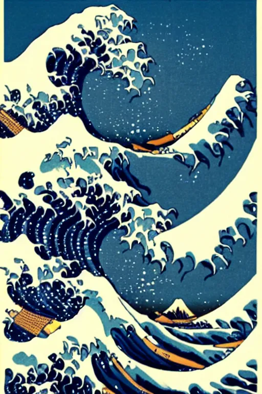 Image similar to The Great Wave off Kanagawa as a Vintage Travel Poster, Moon in the background