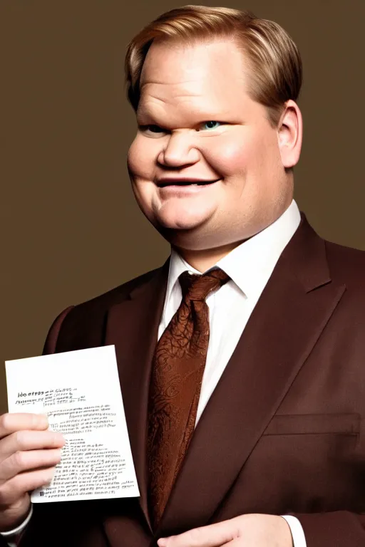 Image similar to andy richter wearing a brown suit and necktie, ultra hd photo, 3 5 mm close up, fish eye, realistic, smiling, holding a postcard from chicago