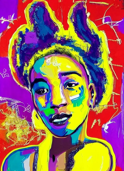 Prompt: “Painted etherial African American that looks like Emmy Raver-Lampman and Jada Koren Pinkett Smith ladies of purple and gold a face of beauty that sight to behold a pleasing completion of images to share a live of the universe under her care the light shines so brightly in her sight reflecting to all her will and her might. Basquiat + pop art + speed painting + HDR + vaporwave + painterly illustration + by Gerald Brom, James Jean, Craig Mullins, Alphonse Mucha, Mike Mignola, Akihiko Yoshida + intense atmosphere, intricate, ornate details, detailed Illustration, symmetry”