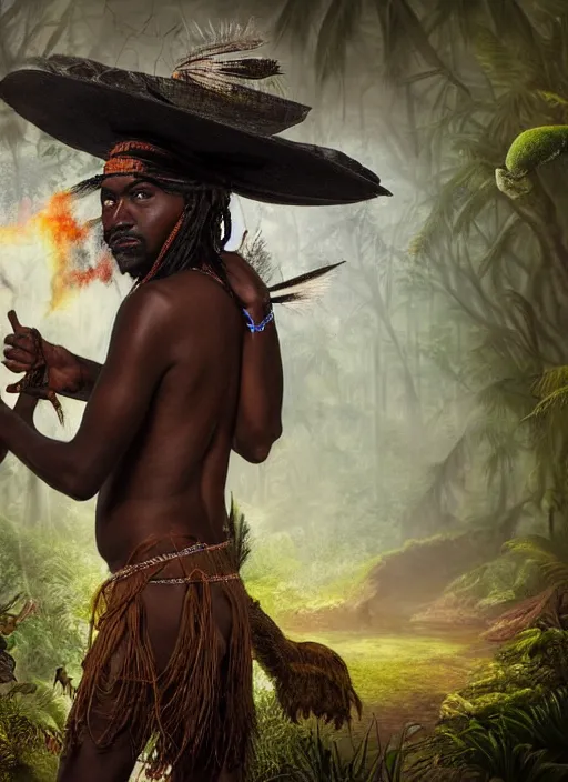 a tribal warrior in the forest, african. By Makoto, Stable Diffusion