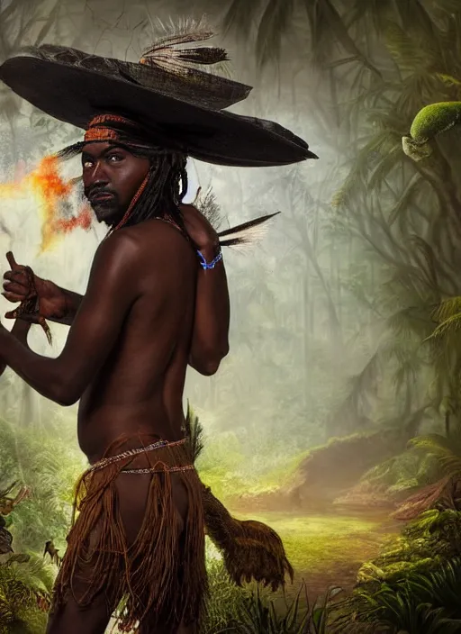 Image similar to a beautiful portrait of an indigenous man with black skin with a large hat in the jungle, surrounded by smoke, mysterious atmosphere, fantasy art, matte painting, highly detailed