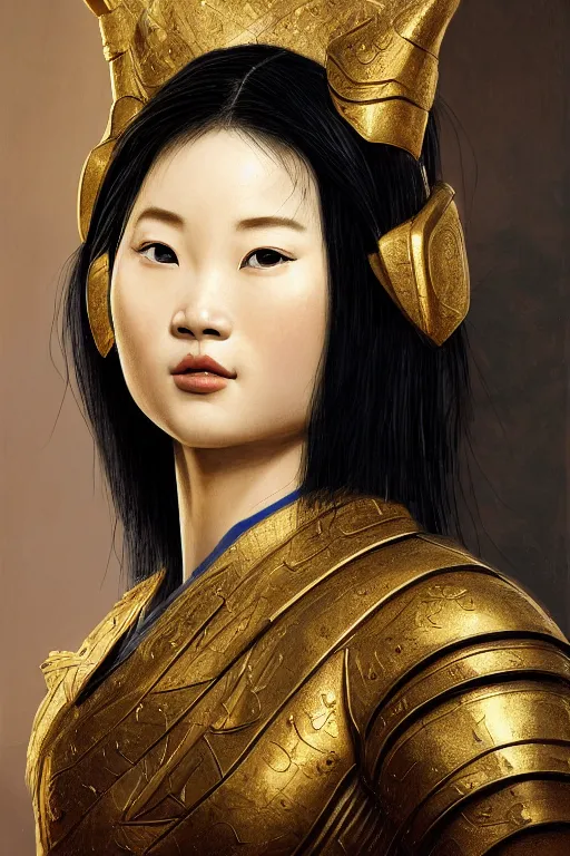 Prompt: realistic detailed painting of Mulan wearing sculpted textured golden armor, close her eye, battle damage, intricate complexity, close-up of the front of the face, super sophisticated texture, resolute expression, back lighting, 4K resolution, symmetric, clear facial features, golden ratio, by Ruan Jia and Mandy Jurgens and William-Adolphe Bouguereau, Karol Bak, smooth, sharp focus, rich deep colors, Unreal Engine 5, digital render, intricate, ultra realistic, concept art,