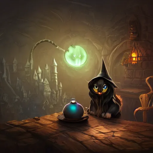 Image similar to Anthropomorphized cat brewing potion, evil smile, witch Hut, witch hat, dark fantasy, magic the gathering artwork, D&D, fantasy, cinematic lighting, centered, symmetrical, highly detailed, digital painting, artstation, concept art, smooth, sharp focus, illustration, volumetric lighting, epic Composition, 8k, art by Akihiko Yoshida and Greg Rutkowski and Craig Mullins, oil painting, cgsociety