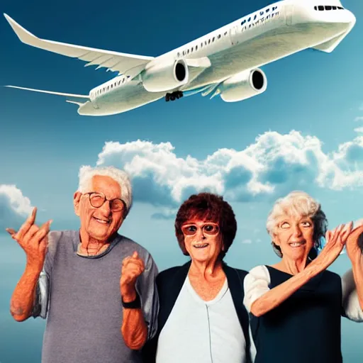 Image similar to old people in a nightclub, airplane background, 4k