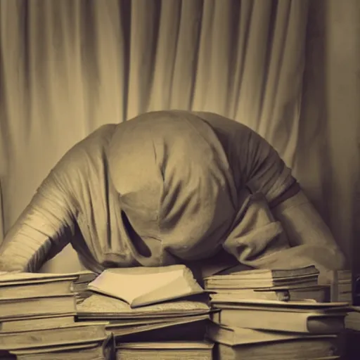 Image similar to a disturbing, melancholy photograph of a solemn, lonely humanoid golem locked up in a synagogue attic, laying on a pile of books