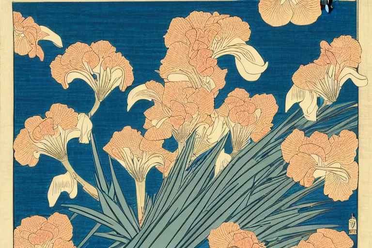 Image similar to a beautiful and hyperdetailed ukiyo - e drawing of tangled irises by katsushika hokusai, in style by utagawa kuniyoshi and utagawa hiroshige, japanese print art, intricate composition, elegant, complex!!, illustration, clean 4 k