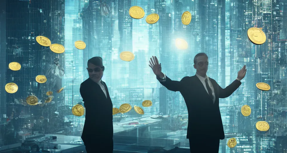 Image similar to Dramatic photo of a CEO waving goodbye to silhouettes of his coworkers in a futuristic office. Golden coins are levitating all around them. 8k, high detail, trending on Artstation, volumetric lighting, cyberpunk