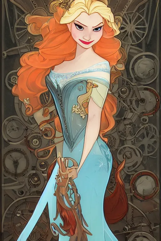 Image similar to elsa from frozen as steampunk, red hair, high fantasy, dnd, smooth, sharp focus, illustration, highly detailed, digital painting, artstation, concept art, by disney animation, rossdraws, alphonse mucha, frank fanzzeta, collectible card art